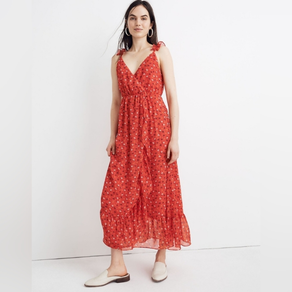 Madewell Ruffle-Strap Wrap Dress In Metalic-Striped Prairie Poises